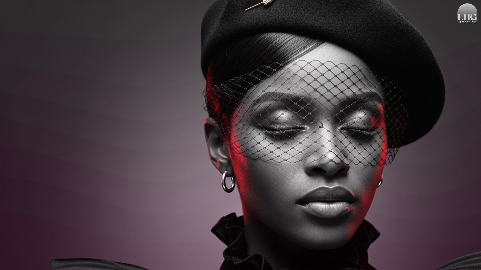 Lighthouse Gospel Music cinematic black-and-white portrait background with red accent lighting for worship visuals.