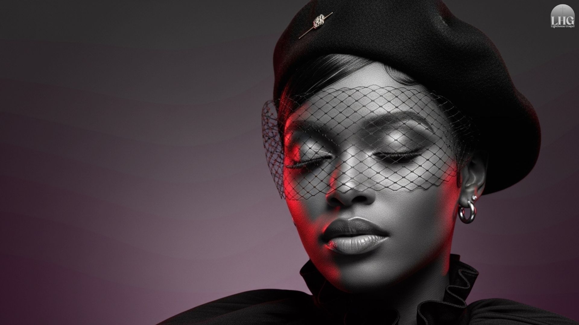 Lighthouse Gospel Music balanced cinematic portrait background with soft red side lighting for gospel and worship visuals.